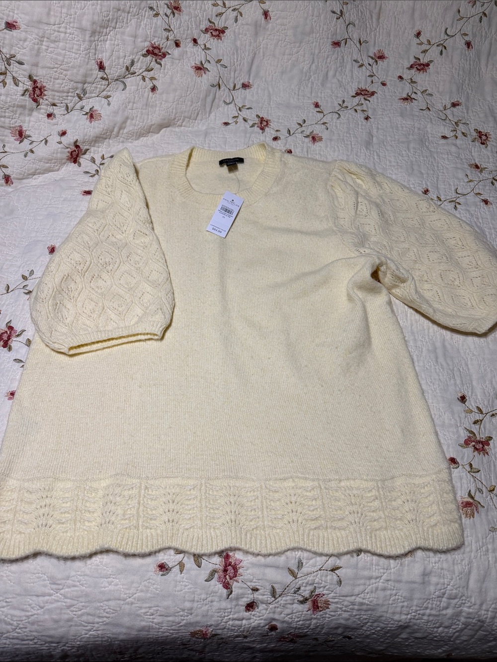 Ann Taylor light yellow butter Knit Puff-Sleeve Crewneck Sweater